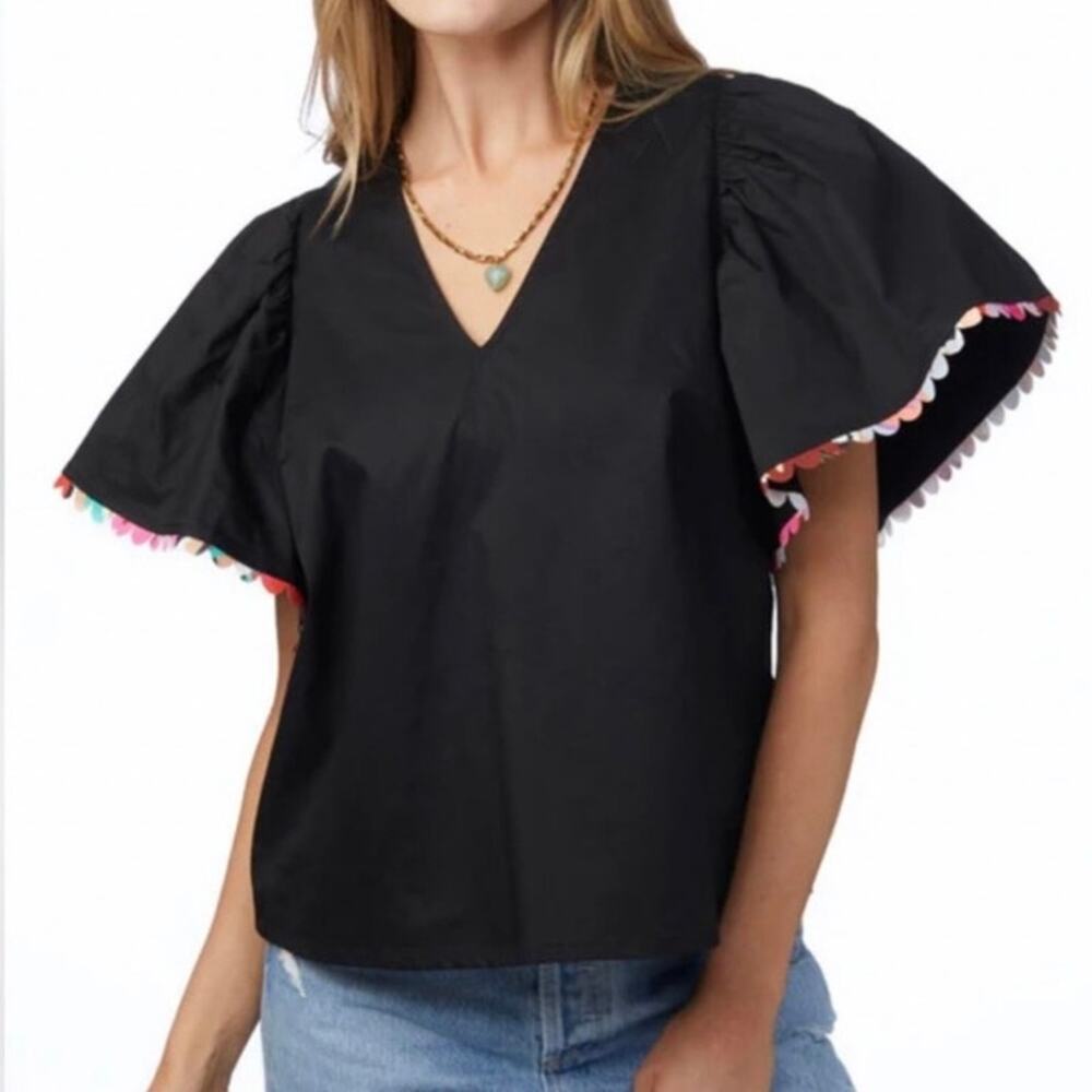 Crosby Bettina Top by Mollie Burch Black Multicolor Scalloped Hem Size Large